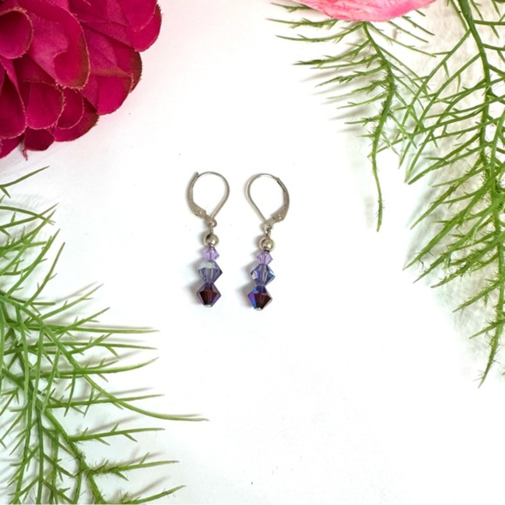 VINTAGE⚜️STERLING SILVER Lavender Crystal Beaded Earrings